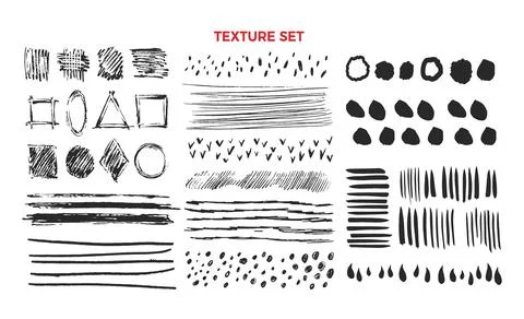 Texture. Pencil, brush stroke. Vector set. Geometric texture shape. Round, sq Stock Illustration