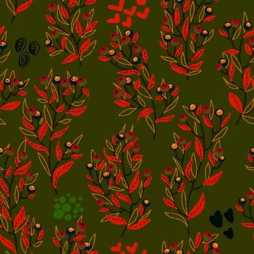 Texture plants, herbs, twigs with leaves. Plant organic pattern. Cartoon styl Stock Illustration