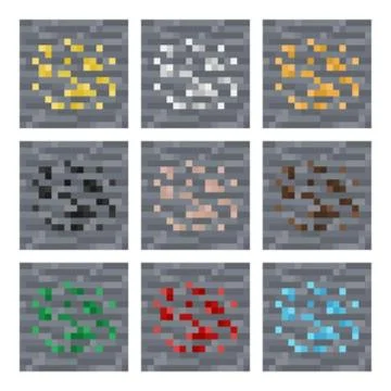 Texture for platformers pixel art vector: stone ore mineral blocks: silver, gold Stock Illustration