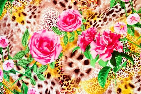 Texture of print fabric striped leopard and flower for background Stock Photos