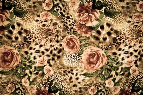 Texture of print fabric striped leopard and flower for background. Foto stock