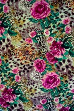 Texture of print fabric striped leopard and flower for background. Stock Photos