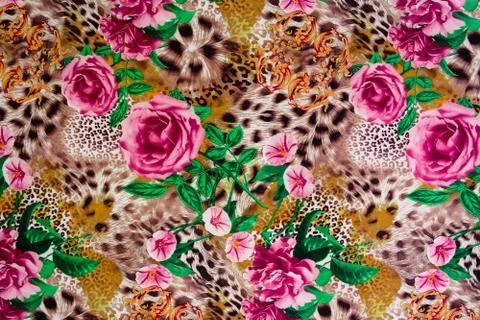 Texture of print fabric striped leopard and flower for background. Stock Photos