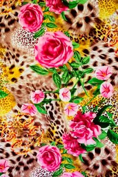 Texture of print fabric striped leopard and flower for background. Stock Photos