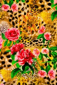 Texture of print fabric striped leopard and flower for background. Stock Photos
