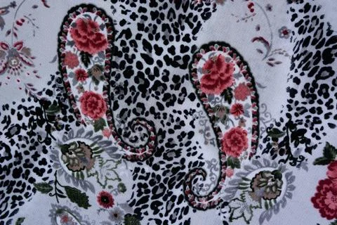 Texture of print fabric stripes leopard, paisley and flower for background Stock Photos