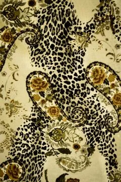 Texture of print fabric stripes leopard, paisley and flower for background Stock Photos