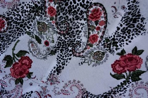 Texture of print fabric stripes leopard, paisley and flower for background Stock Photos