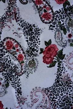 Texture of print fabric stripes leopard, paisley and flower for background Stock Photos