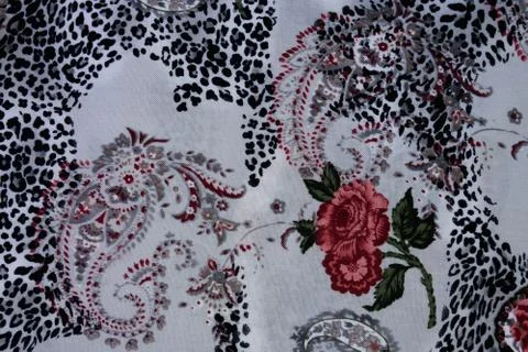 Texture of print fabric stripes leopard, paisley and flower for background Stock Photos