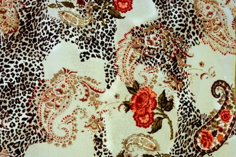 Texture of print fabric stripes leopard, paisley and flower for background Stock Photos