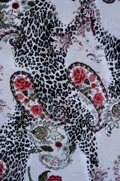 Texture of print fabric stripes leopard, paisley and flower for background Stock Photos