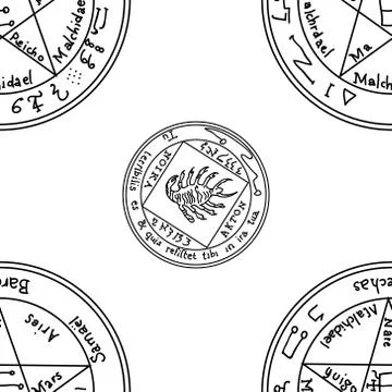 Texture with a repetitive pentacle pattern. Occult background. T 스톡 일러스트
