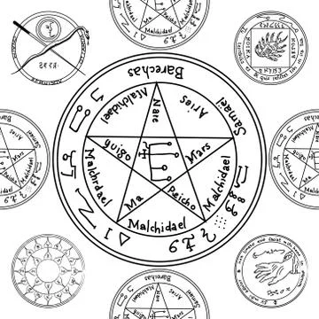 Texture with a repetitive pentacle pattern. Occult background. T Illustrazione stock