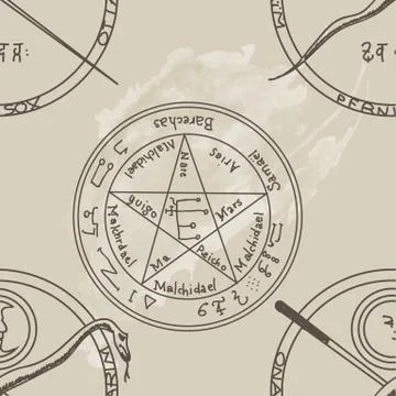 Texture with a repetitive pentacle pattern. Occult background. The magic sign Stock Illustration