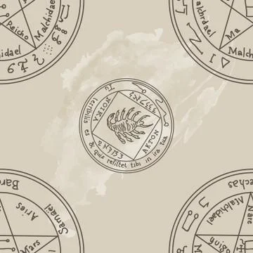 Texture with a repetitive pentacle pattern. Occult background. The magic sign Stock Illustration