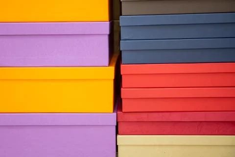 Texture set of multicolored packaging gift boxes. close-up, soft focus. Stock Photos
