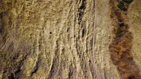 Texture shot of dry ground with brown and yellow grass, CRANE aerial footage Stock Footage 89823876