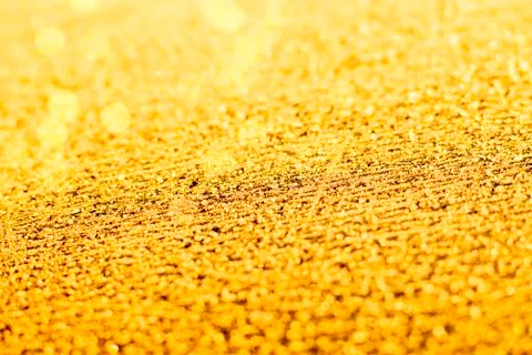 Texture of sparkling first cold ice. Snowy backdrop in gold color. Winter bac Stock Photos