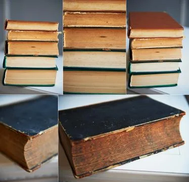 The texture is a stack of old books, collage Stock Photos