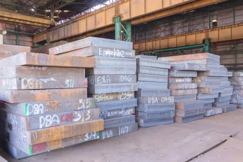 Texture of steel, Stack of slab, Raw materials of steel making. Stock Photos