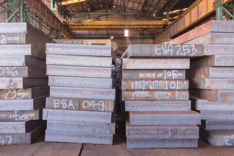 Texture of steel, Stack of slab, Raw materials of steel making. Stock Photos