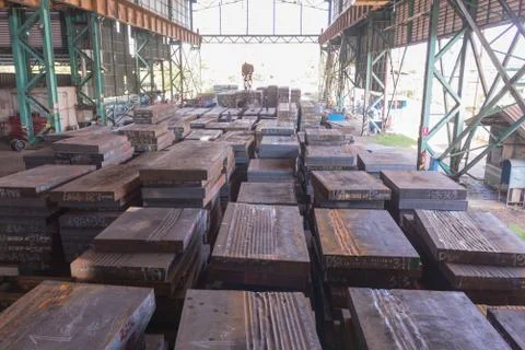 Texture of steel, Stack of slab, Raw materials of steel making. Stock Photos