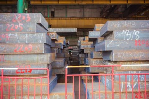 Texture of steel, Stack of slab, Raw materials of steel making. Stock Photos