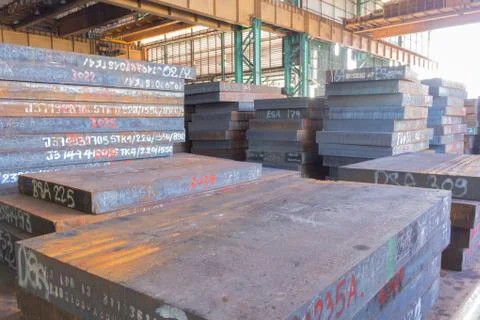 Texture of steel, Stack of slab, Raw materials of steel making. Stock Photos