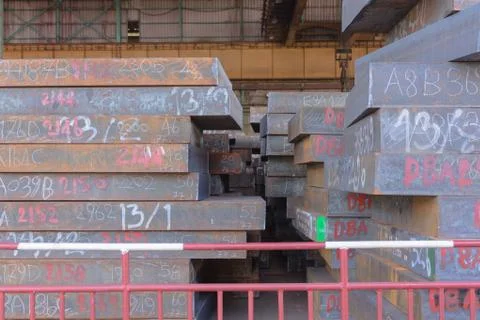 Texture of steel, Stack of slab, Raw materials of steel making. Stock Photos