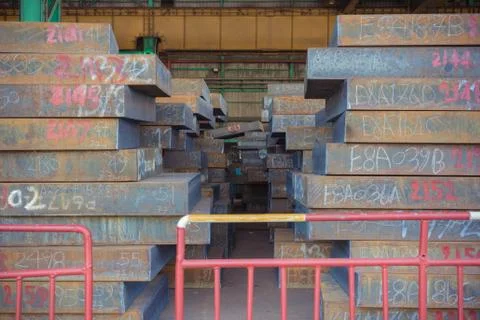 Texture of steel, Stack of slab, Raw materials of steel making. Stock Photos