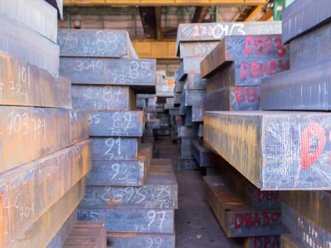 Texture of steel, Stack of slab, Raw materials of steel making. Stock Photos