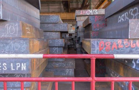 Texture of steel, Stack of slab, Raw materials of steel making. Stock Photos