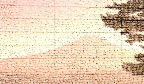 Texture of stone wall image overlay with Mt.Fuji-pink tone image Stock Photos