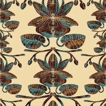 Texture stylized orchids. Aged texture. Vector seamless pattern Stock Illustration