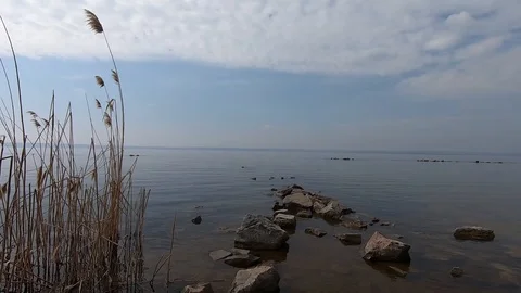Texture of tranquil waves of river at autumn time against the background of ston Video stock 106549965