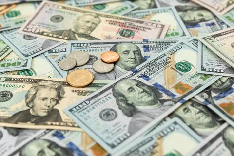 Texture US dollars. Pattern background of 5, 10, 20, 50 and 100 dollar bills. Stock Photos