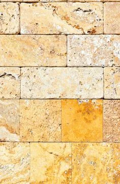 Texture of a wall of hewn yellow shell rock, close-up. Stock Photos