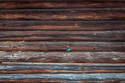 The texture of the wall of an old log house of dark logs. Stock Photos