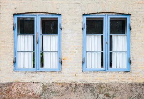 Texture of windows in blue wooden frames Stock Photos