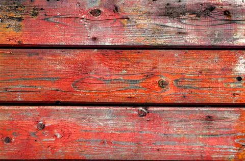 Texture wooden surface, old horizontal boards, peeling red paint, blank templ Stock Photos
