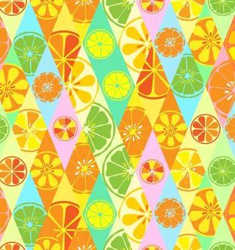 Texture yellow with a pattern of lemons limes oranges citrus fresh fruit usef Stock Illustration