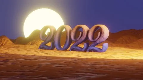 Textured 3D text 2022 on the background of the desert and the moon, nice back Stock Photos