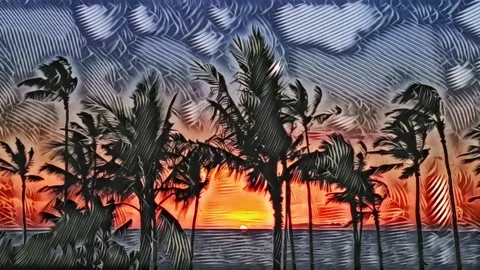 Textured animation of palm trees at sunset or sunrise, digital art Stock Footage 276285938