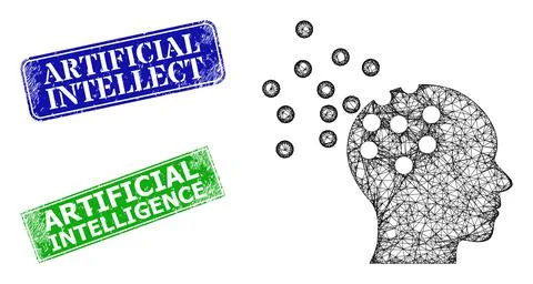 Textured Artificial Intellect Stamp Imitations and Polygonal Mesh Intellect Illustrazione stock