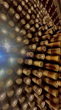 Textured artistic ceiling installation creating linear hollow wood pattern 스톡 사진