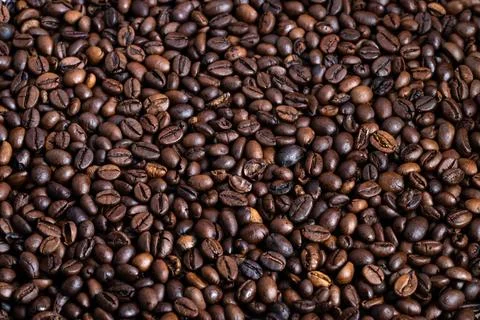 Textured backdrop roasted coffee beans pattern, shallow depth of field and rich Stock Photos