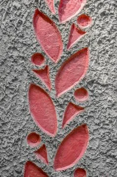 Textured background of cement with a pattern of red leaves on the border. Clo Stock Photos