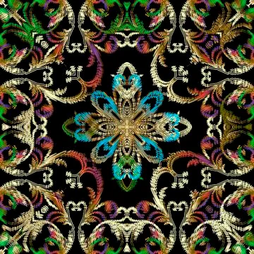 Textured Baroque floral seamless pattern. Tapestry vector background. Grunge  Stock Illustration