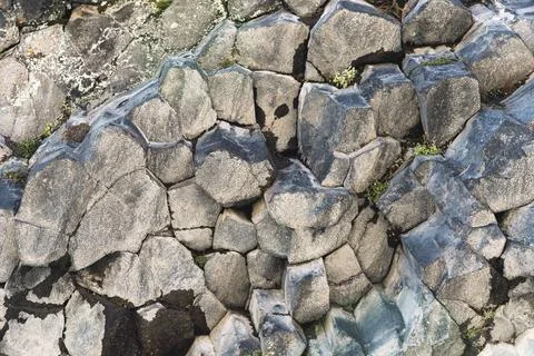 Textured basalt background hexagonal stone pillars in a section. natural v... Stock Photos